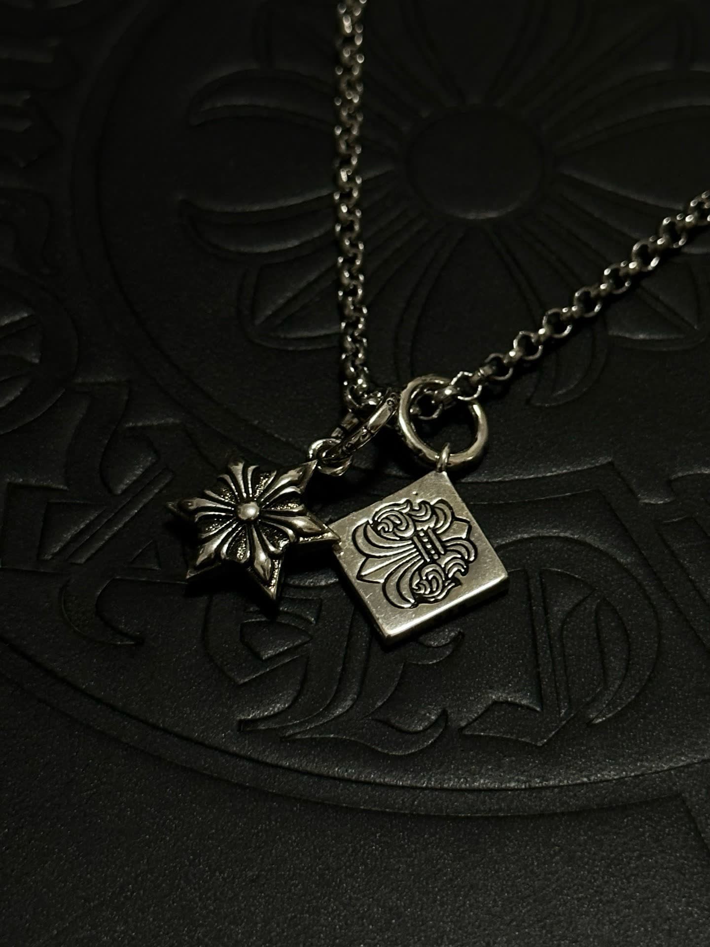 Chrome Hearts Silver Star and Square Charm Necklace